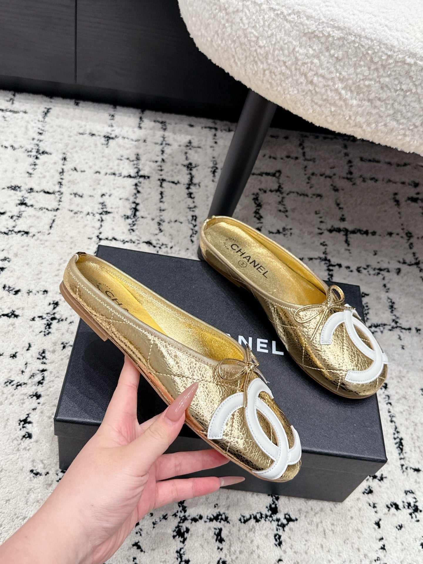 CHANEL 26S FLAT MULES IN GOLD LAMBSKIN