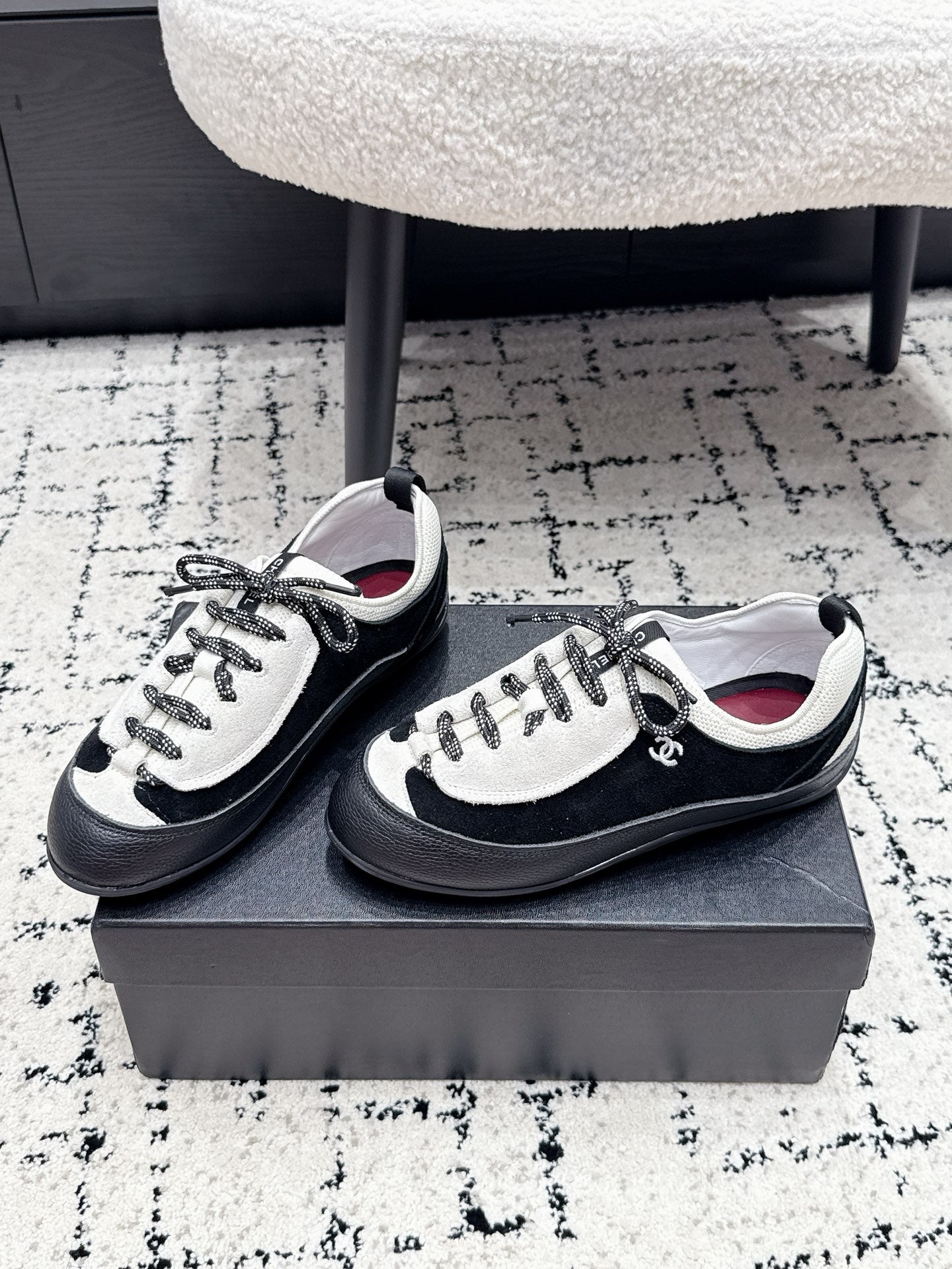 CHANEL 26S LACE-UP SNEAKERS IN WHITE MIX BLACK SUEDE AND LAMBSKIN