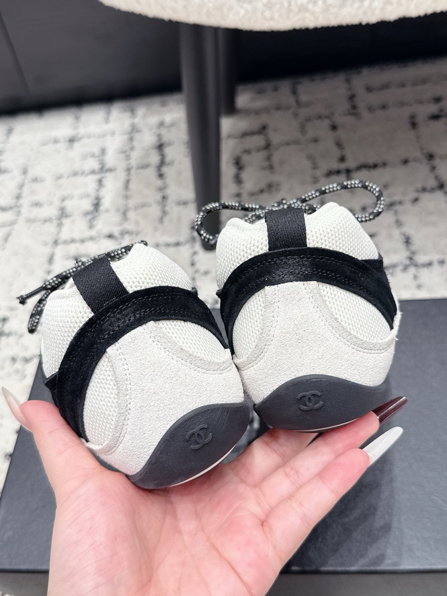 CHANEL 26S LACE-UP SNEAKERS IN WHITE AND BLACK SUEDE STYLE 2