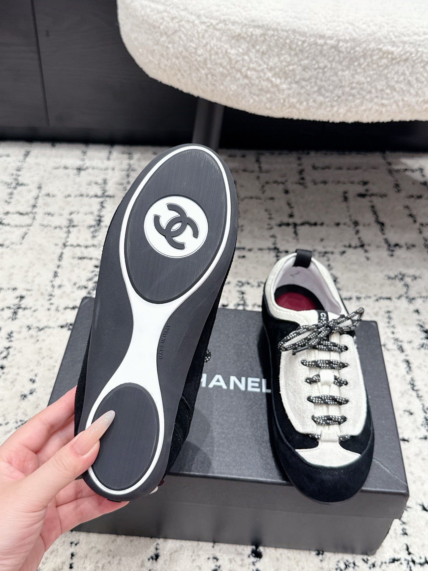 CHANEL 26S LACE-UP SNEAKERS IN WHITE AND BLACK SUEDE
