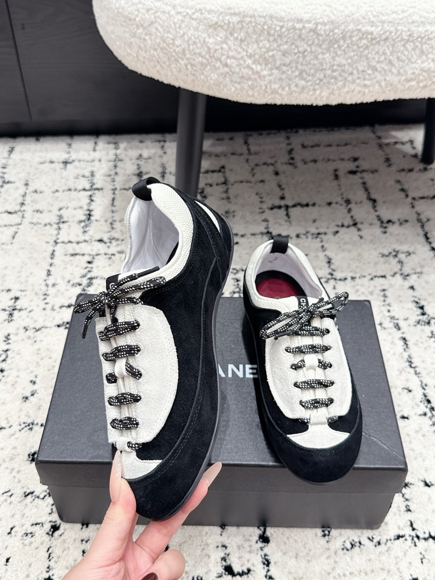 CHANEL 26S LACE-UP SNEAKERS IN WHITE AND BLACK SUEDE