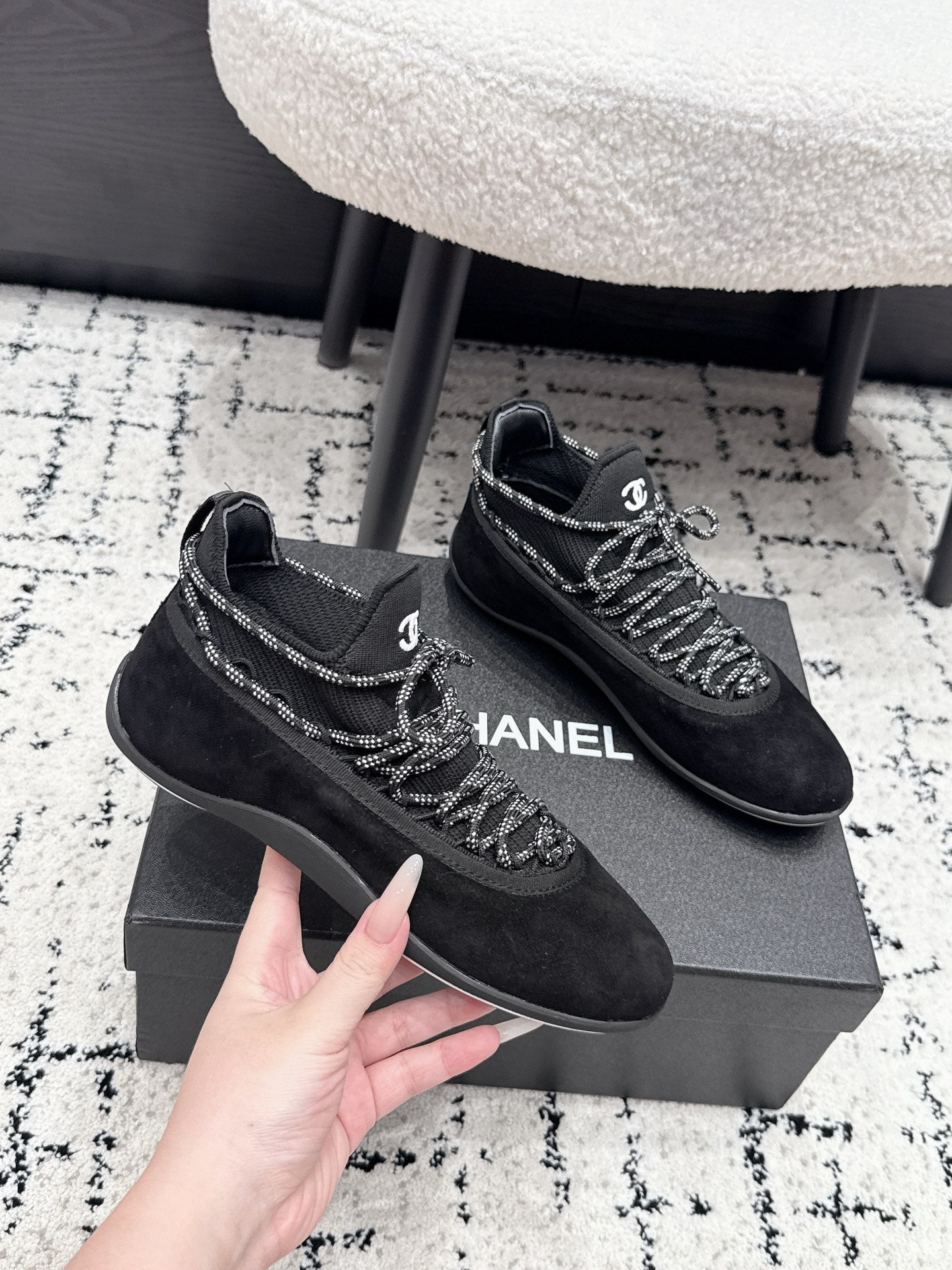 CHANEL 26S LACE-UP SNEAKERS IN BLACK SUEDE