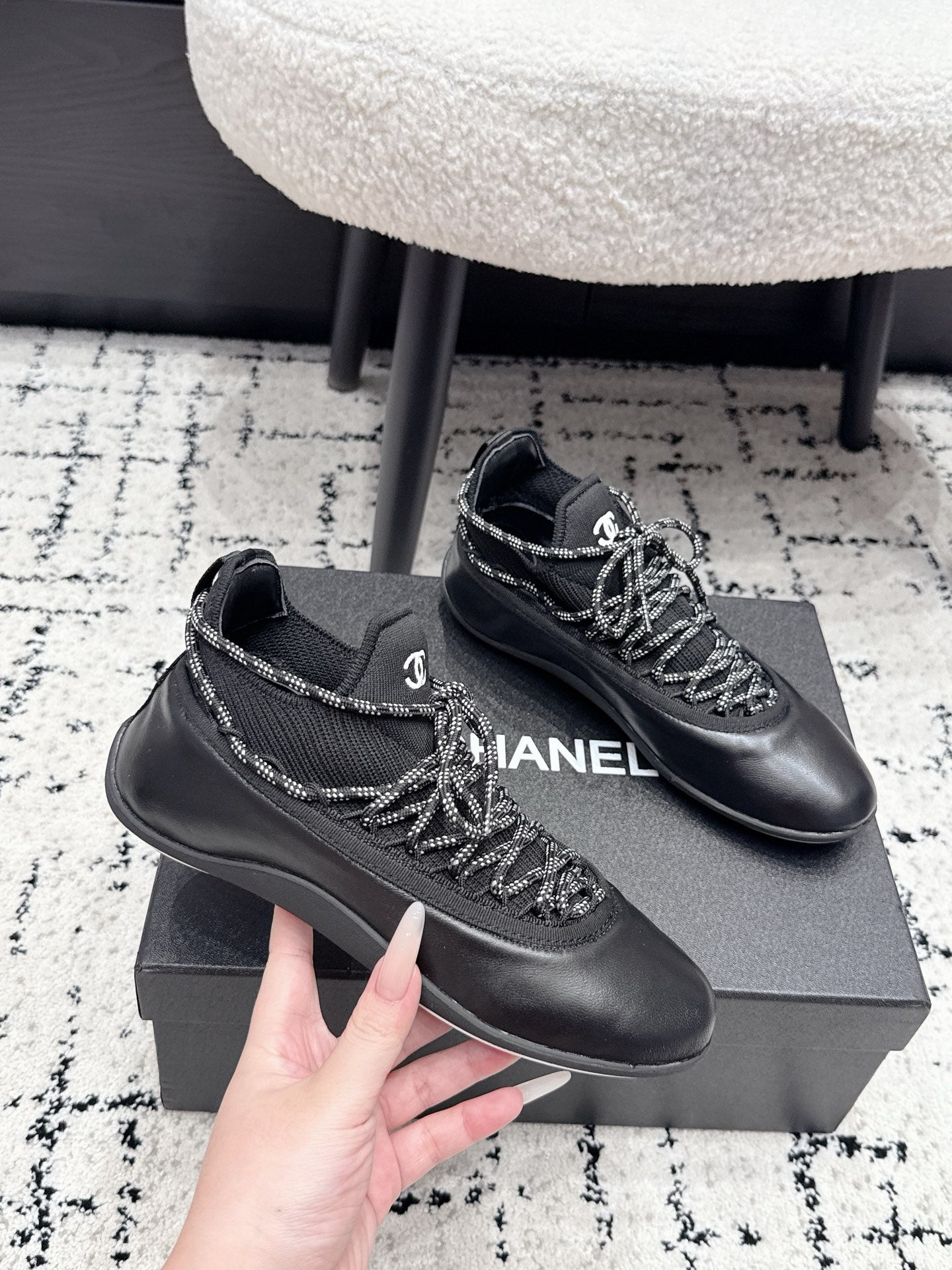 CHANEL 26S LACE-UP SNEAKERS IN BLACK FABRIC AND LAMBSKIN
