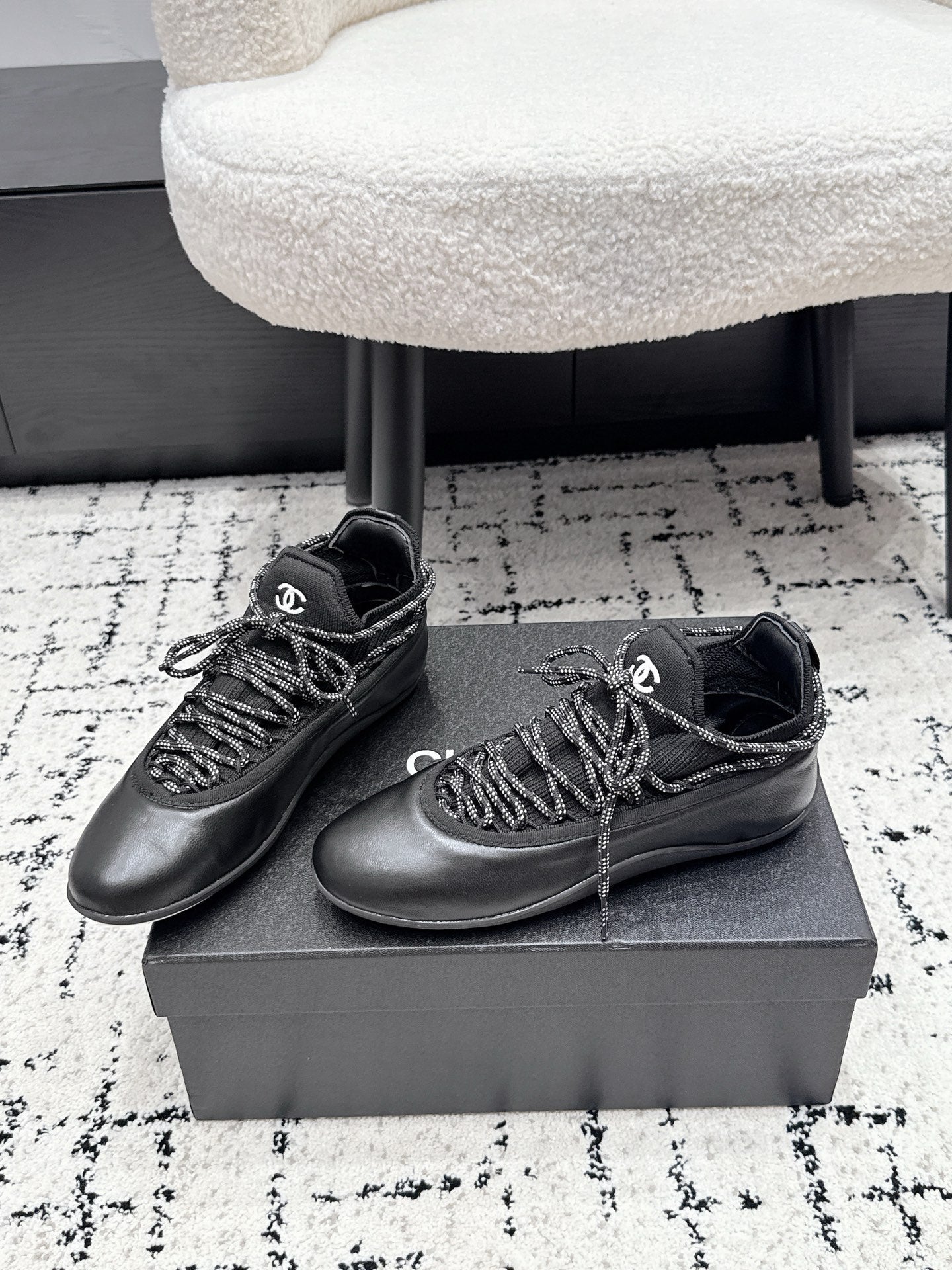 CHANEL 26S LACE-UP SNEAKERS IN BLACK FABRIC AND LAMBSKIN