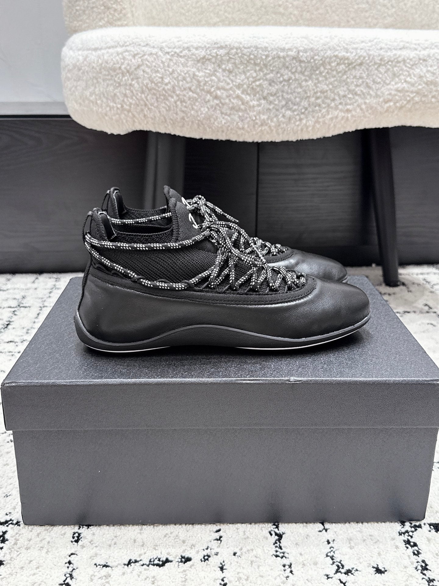 CHANEL 26S LACE-UP SNEAKERS IN BLACK FABRIC AND LAMBSKIN