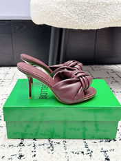 BOTTEGA VENETA 26S TWIST-STRAP HIGH-HEEL SANDALS 90 MM IN DARK RED LAMBSKIN