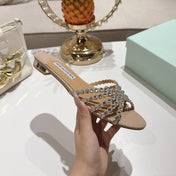 AQUAZZURA 26S SLIDES IN BEIGE LAMBSKIN CRYSTAL EMBELLISHED