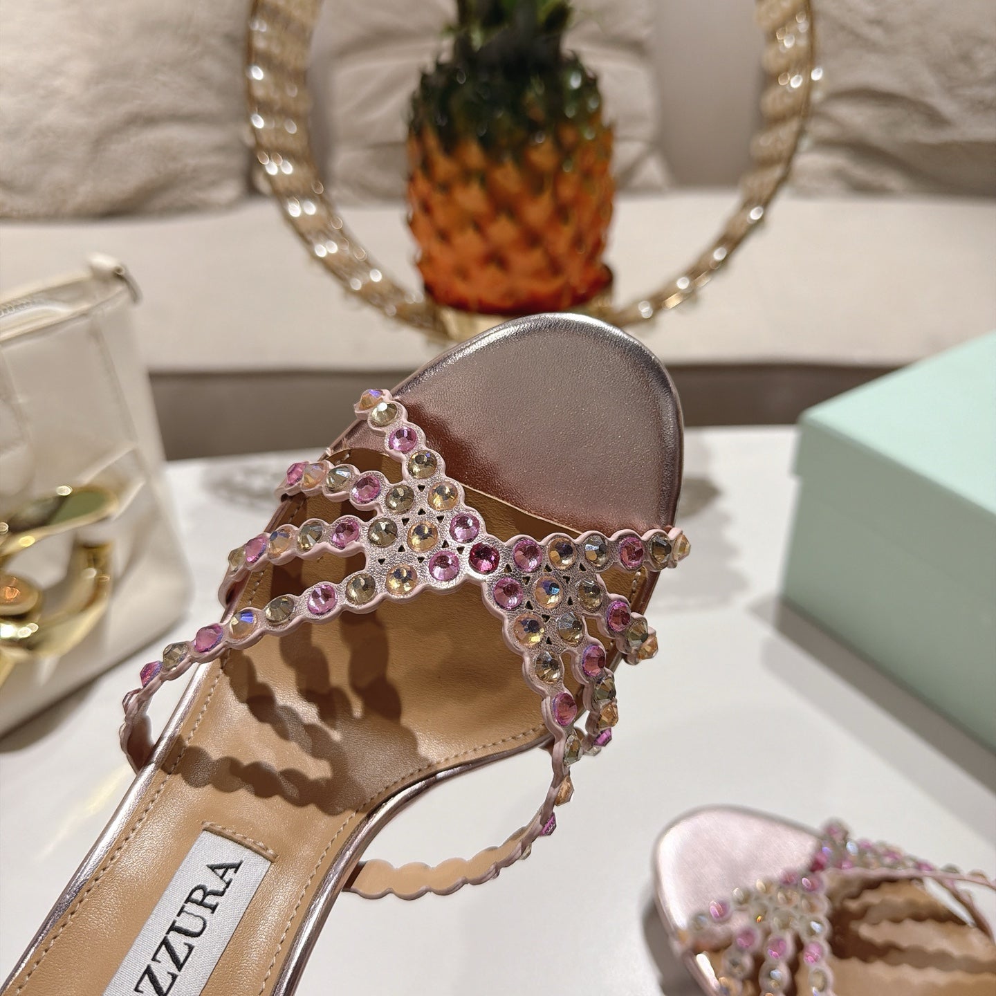AQUAZZURA 26S HIGH-HEEL SANDALS 85 MM IN METALLIC PINK CALFSKIN