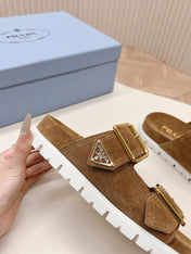 Double Buckle Strap Slides 20 Brown Suede