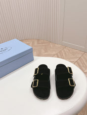 Double Buckle Strap Slides 20 Black Suede