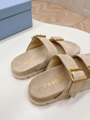 Double Buckle Strap Slides 20 Light Brown Suede
