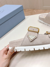 Double Buckle Strap Slides 20 Light Grey Suede