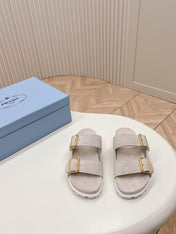 Double Buckle Strap Slides 20 Light Grey Suede
