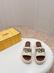 FENDI SIGNATURE WEDGE PLATFORM 6 CM IN BEIGE FIBRE WITH BROWN EMBROIDERED LOGO
