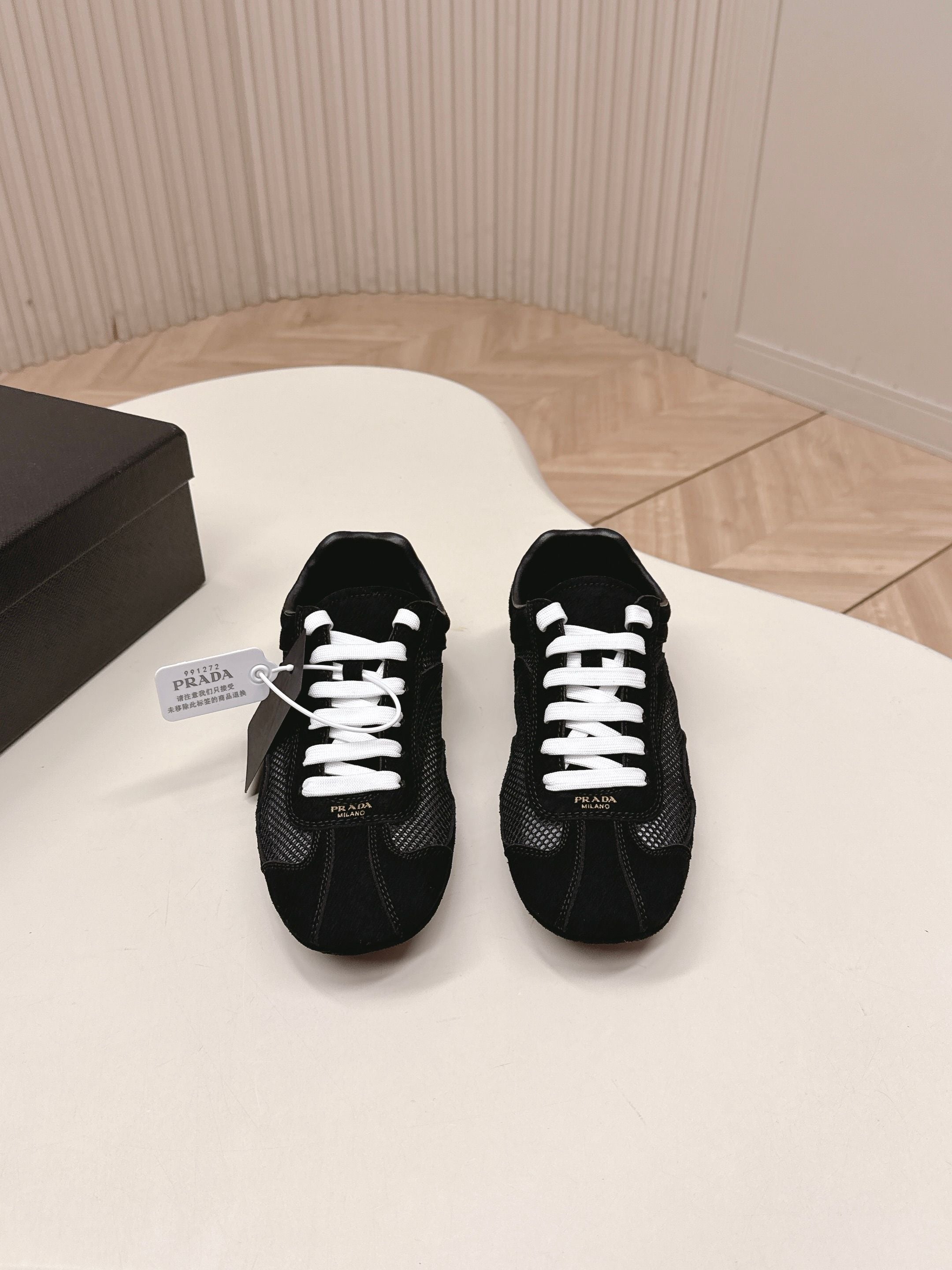 PRADA 26S CLASSIC SNEAKERS IN BLACK SUEDE AND MESH