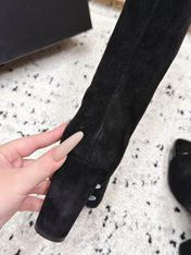 CHANEL 26S KNEE HIGH BOOTS 90 MM IN BLACK SUEDE AND PATENT