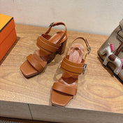 HM 26S GIGI 85 SANDAL IN CARAMEL BROWN CALFSKIN SILVER HARDWARE