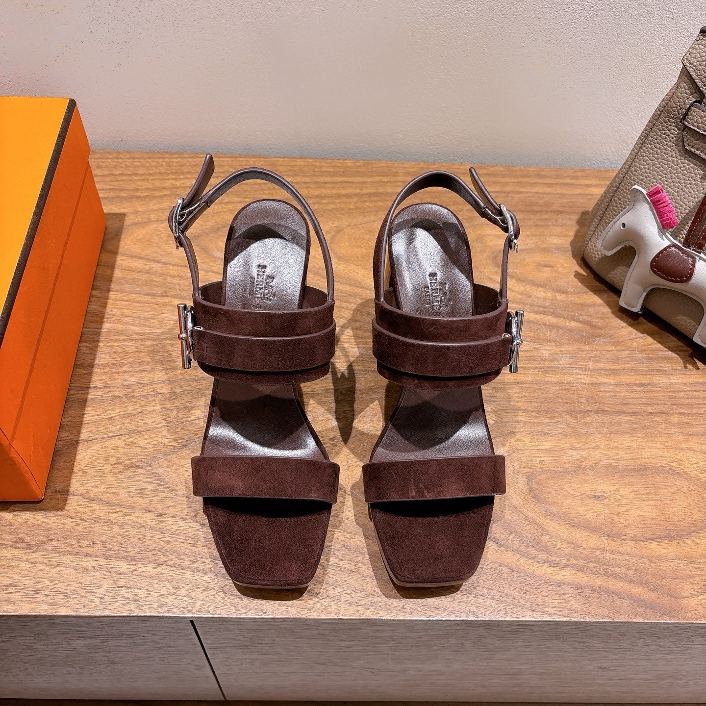 HM 26S GIGI 85 SANDAL IN DARK BROWN SUEDE SILVER HARDWARE