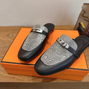HM 26S OZ MULE IN BLACK CALFSKIN AND GREY CANVAS SILVER HARDWARE