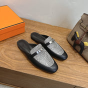 HM 26S OZ MULE IN BLACK CALFSKIN AND GREY CANVAS SILVER HARDWARE