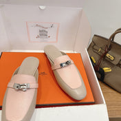 HM 26S OZ MULE IN BEIGE CALFSKIN & LIGHT PINK LIZARD GOLD HARDWARE