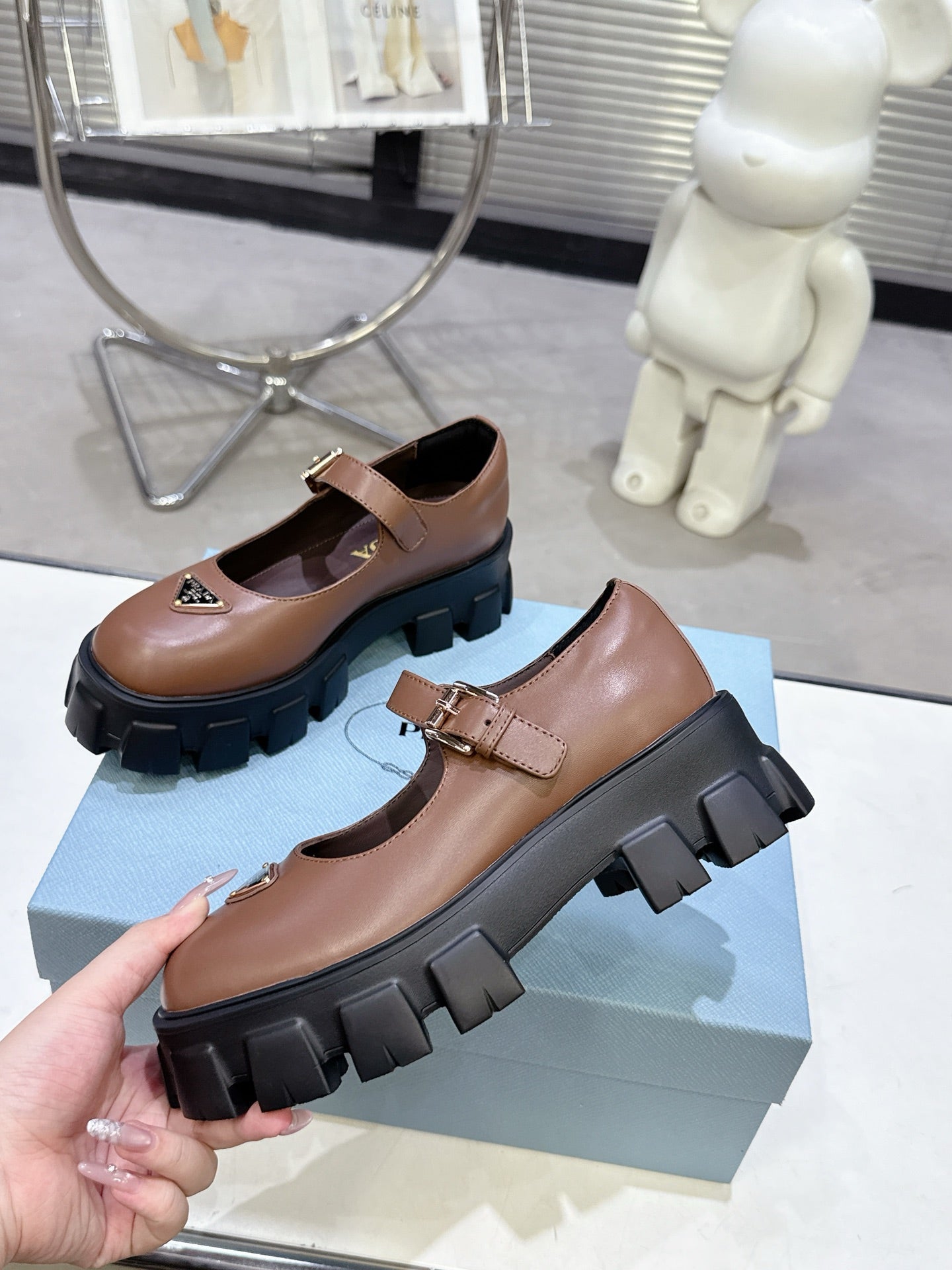PRADA 25S PLATFORM MARY JANE SHOES IN BROWN CALFSKIN