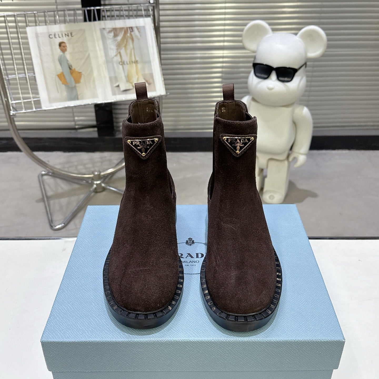 PRADA 25S RETRO PLATFORM MARTIN BOOTS IN DARK BROWN SUEDE