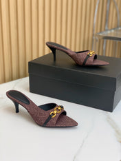 SL CHAIN ATTACH HEELED MULES BROWN DENIM