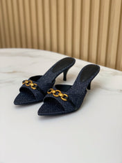SL CHAIN ATTACH HEELED MULES INDIGO DENIM