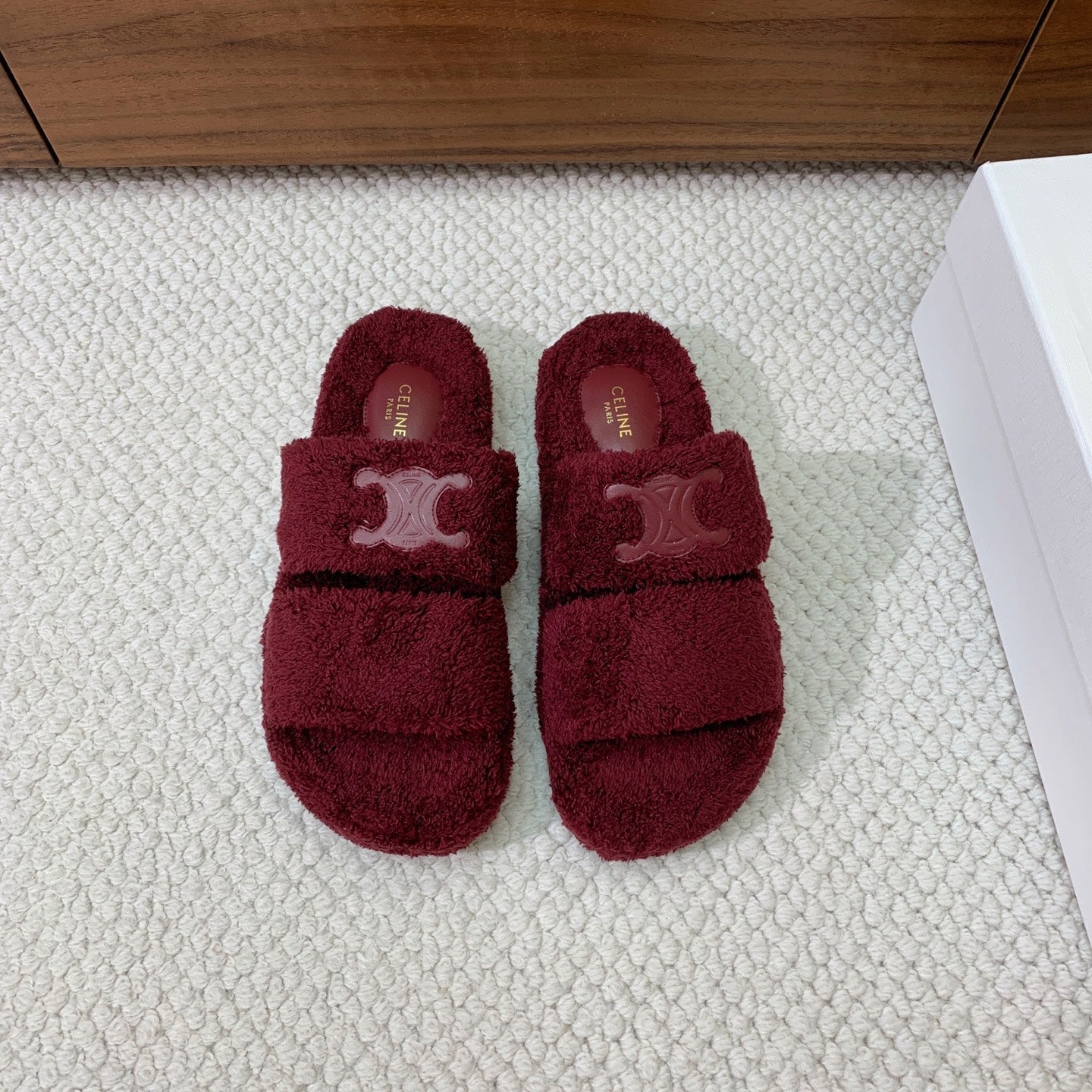 CELINE 26S TWO-STRAP SANDALS IN DARK RED WOOL