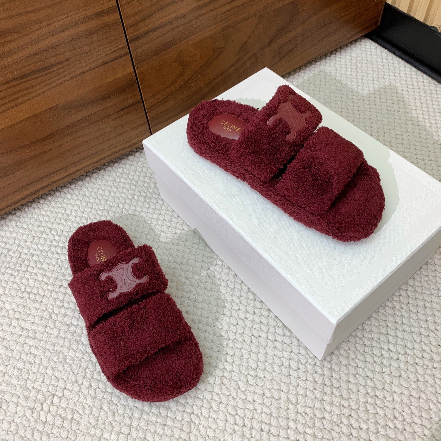 CELINE 26S TWO-STRAP SANDALS IN DARK RED WOOL