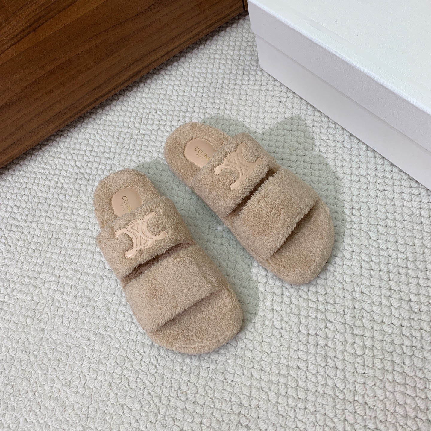 CELINE 26S TWO-STRAP SANDALS IN BEIGE WOOL