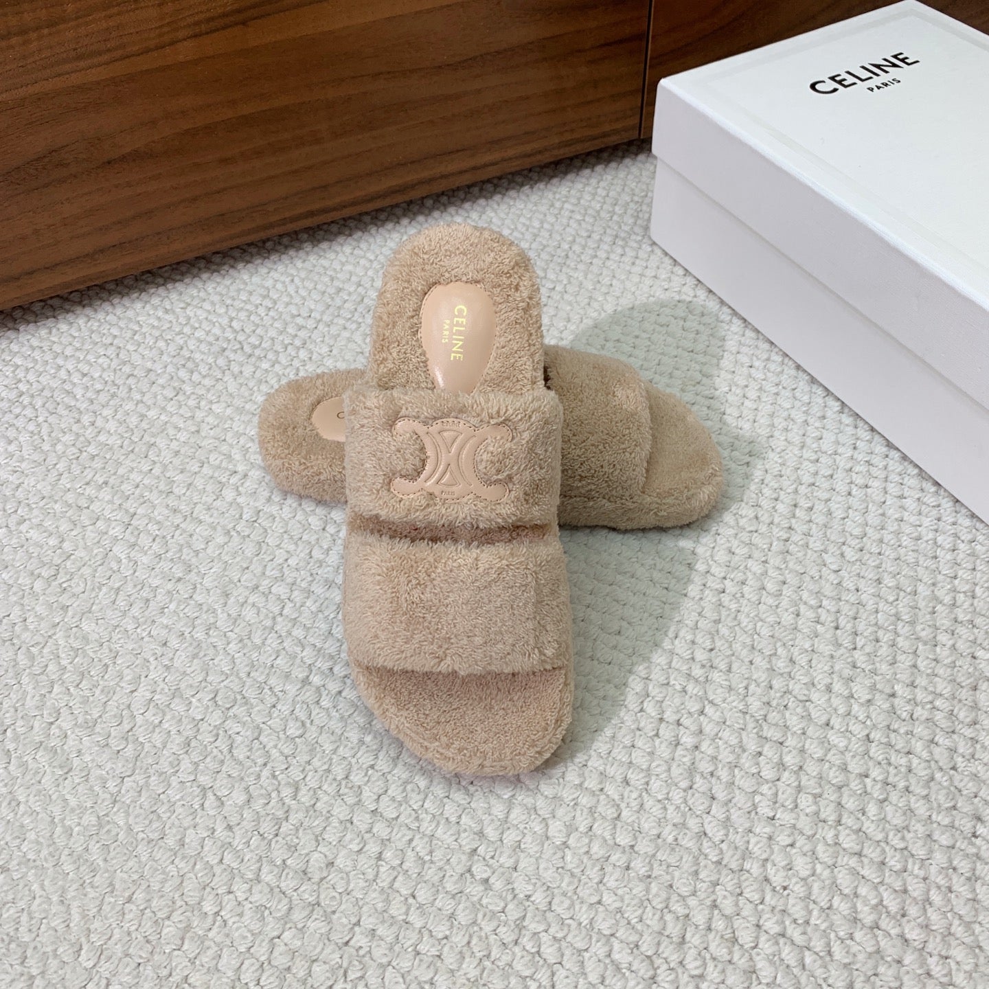 CELINE 26S TWO-STRAP SANDALS IN BEIGE WOOL