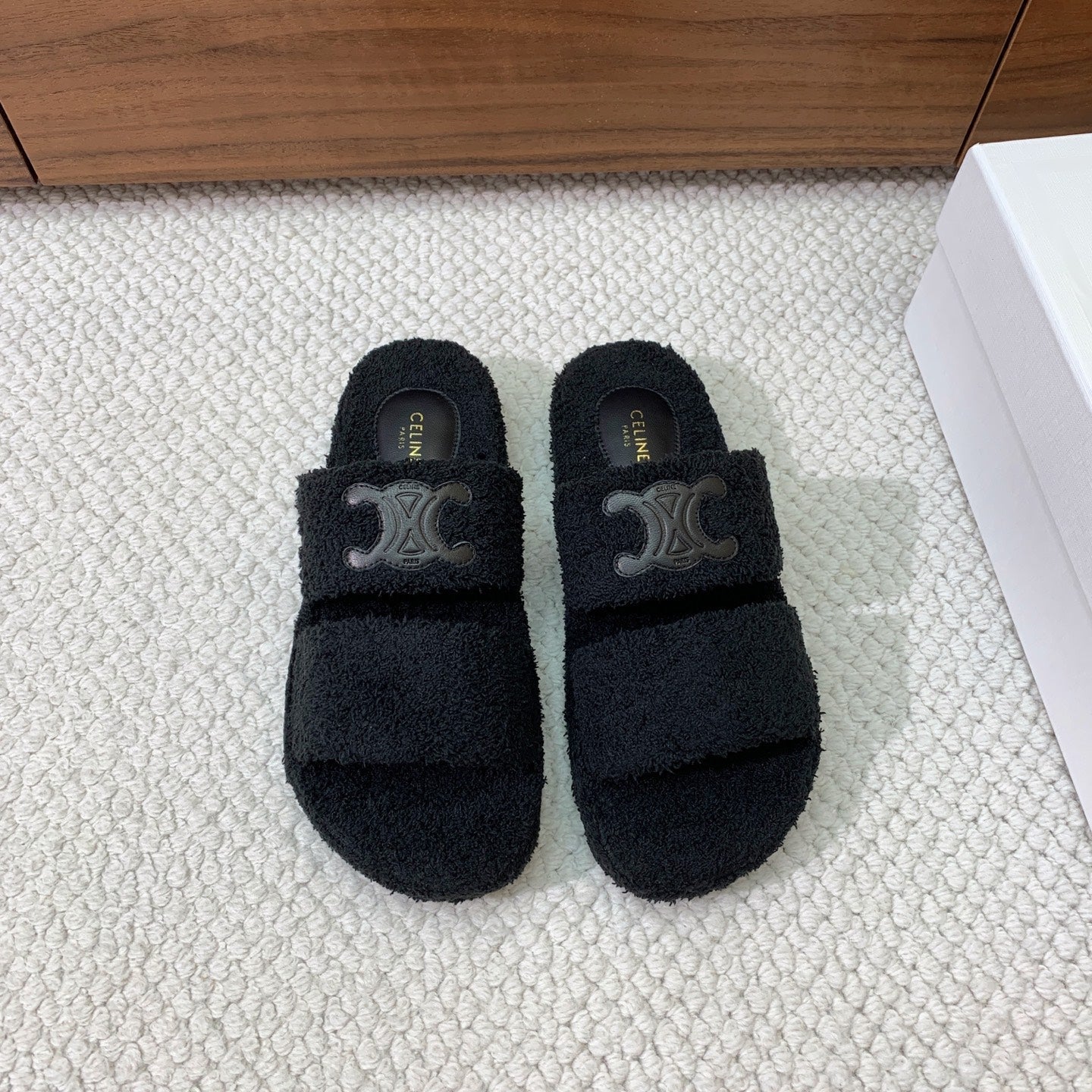 CELINE 26S TWO-STRAP SANDALS IN BLACK WOOL