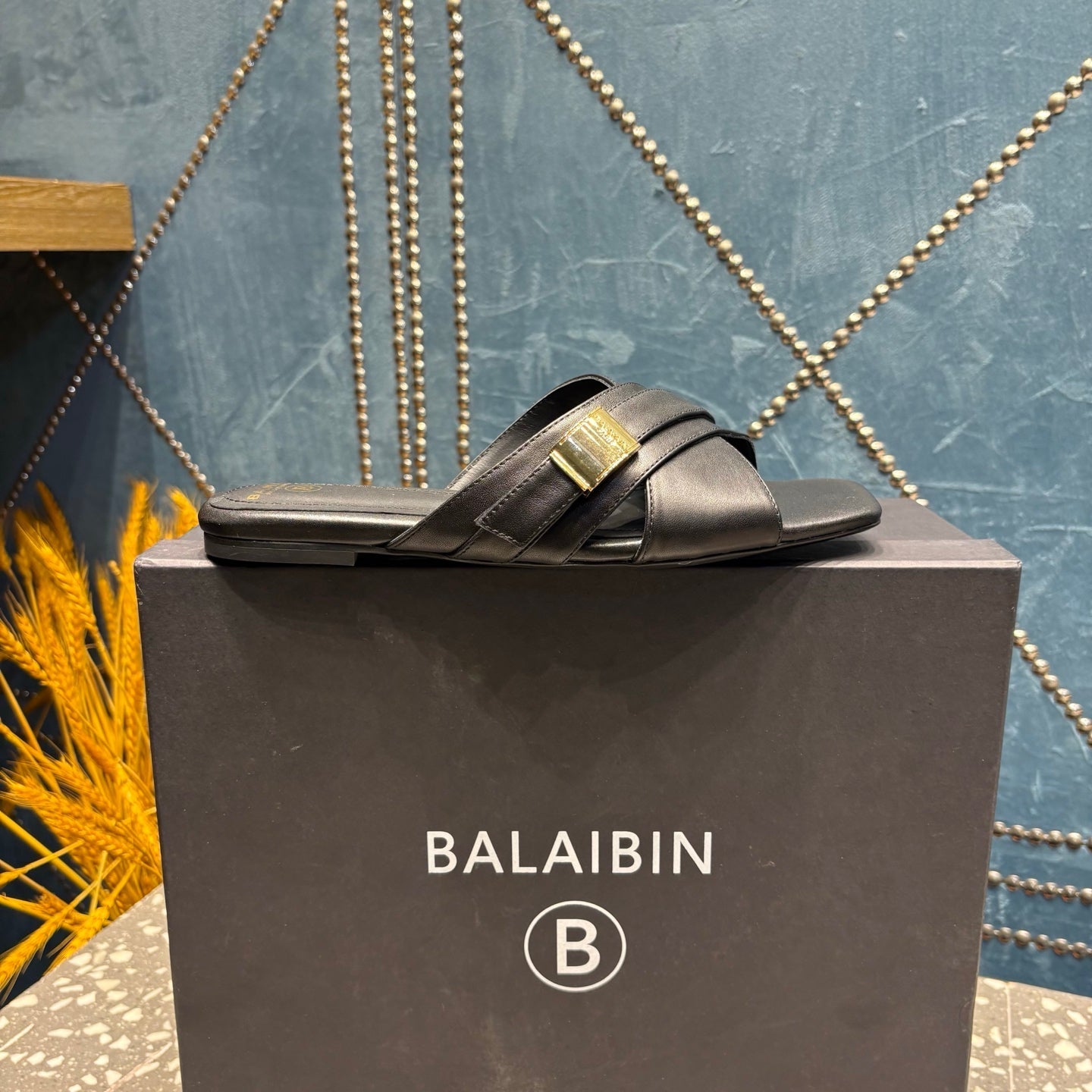 BALMAIN 26S CROSS-STRAP SLIDES IN BLACK CALFSKIN