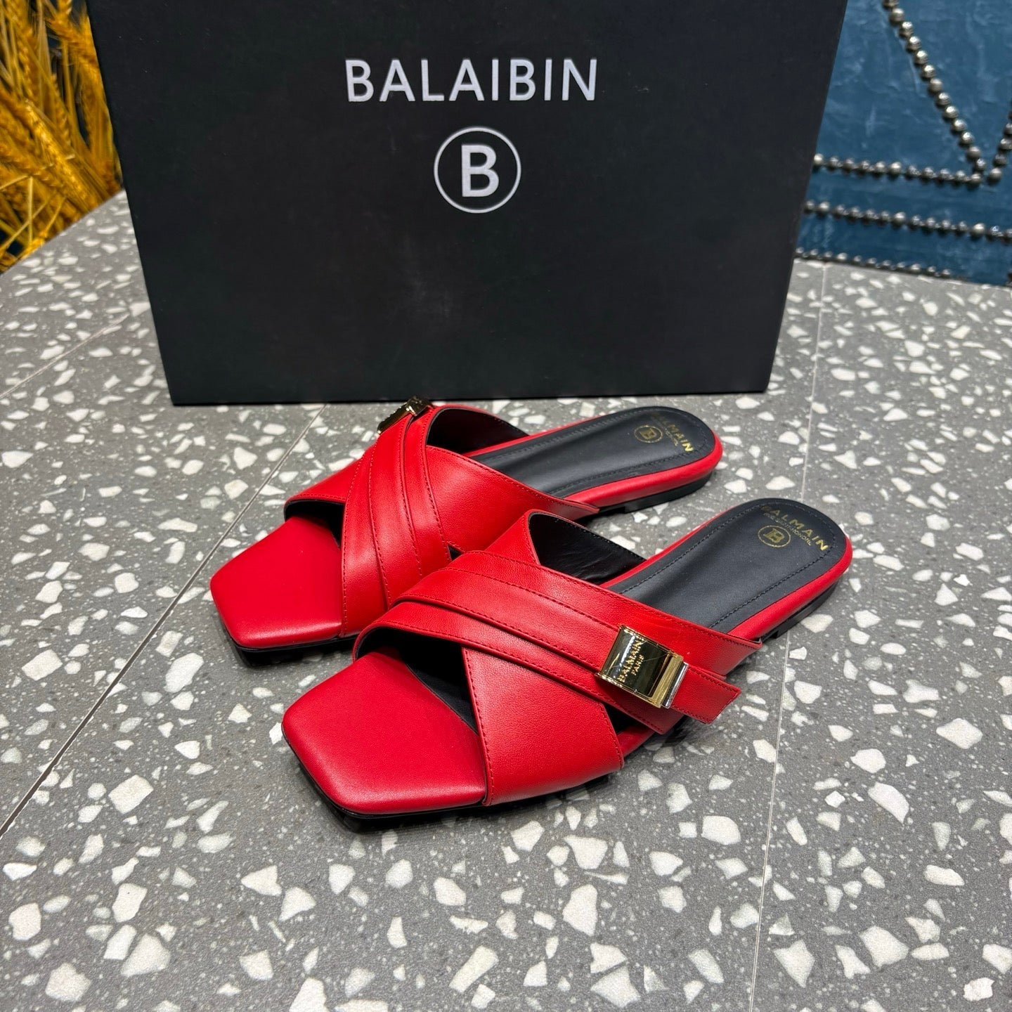 BALMAIN 26S CROSS-STRAP SLIDES IN RED CALFSKIN