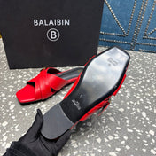 BALMAIN 26S CROSS-STRAP SLIDES IN RED CALFSKIN