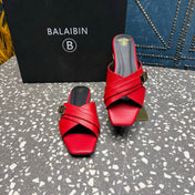 BALMAIN 26S CROSS-STRAP SLIDES IN RED CALFSKIN