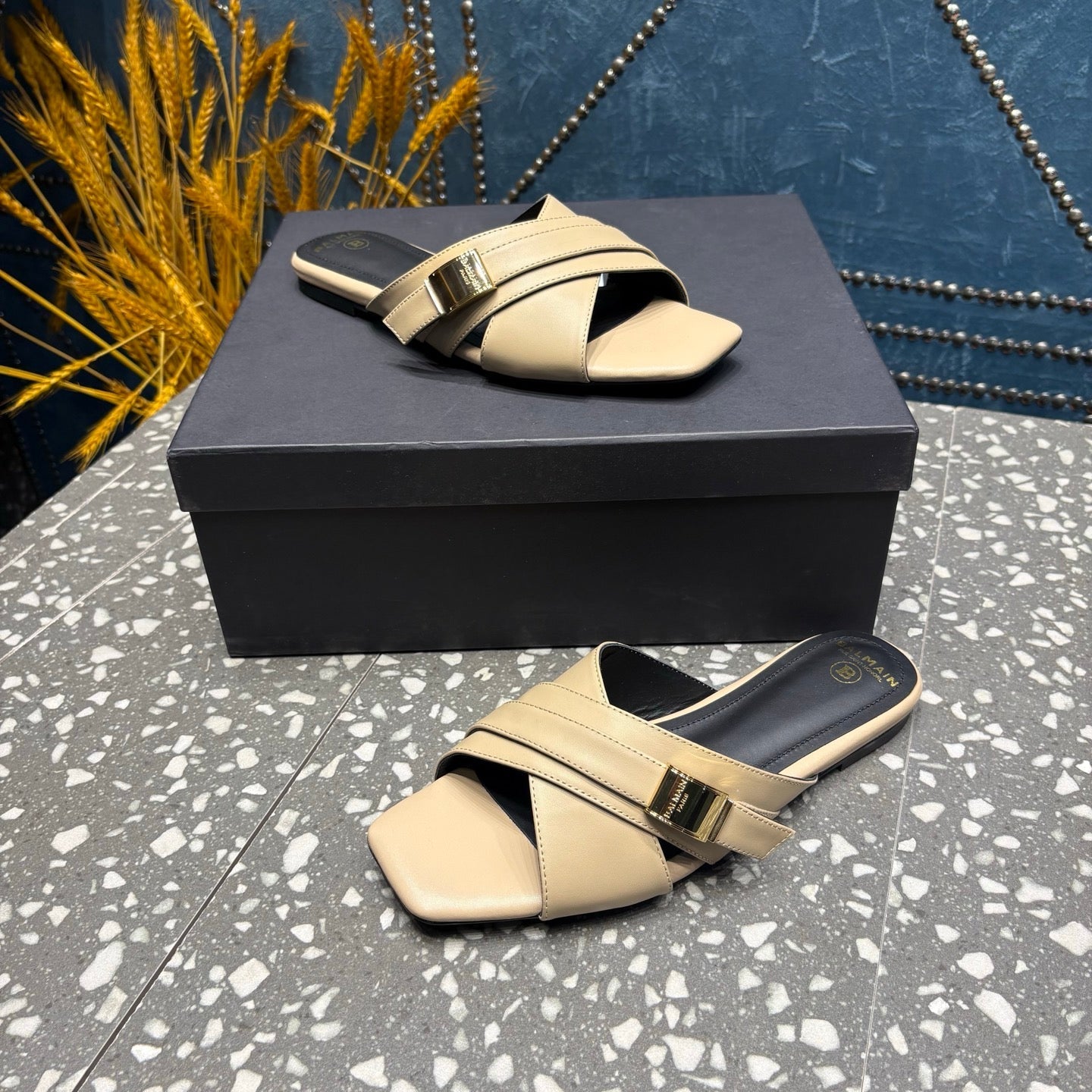 BALMAIN 26S CROSS-STRAP SLIDES IN BEIGE CALFSKIN