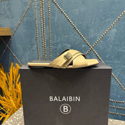 BALMAIN 26S CROSS-STRAP SLIDES IN BEIGE CALFSKIN