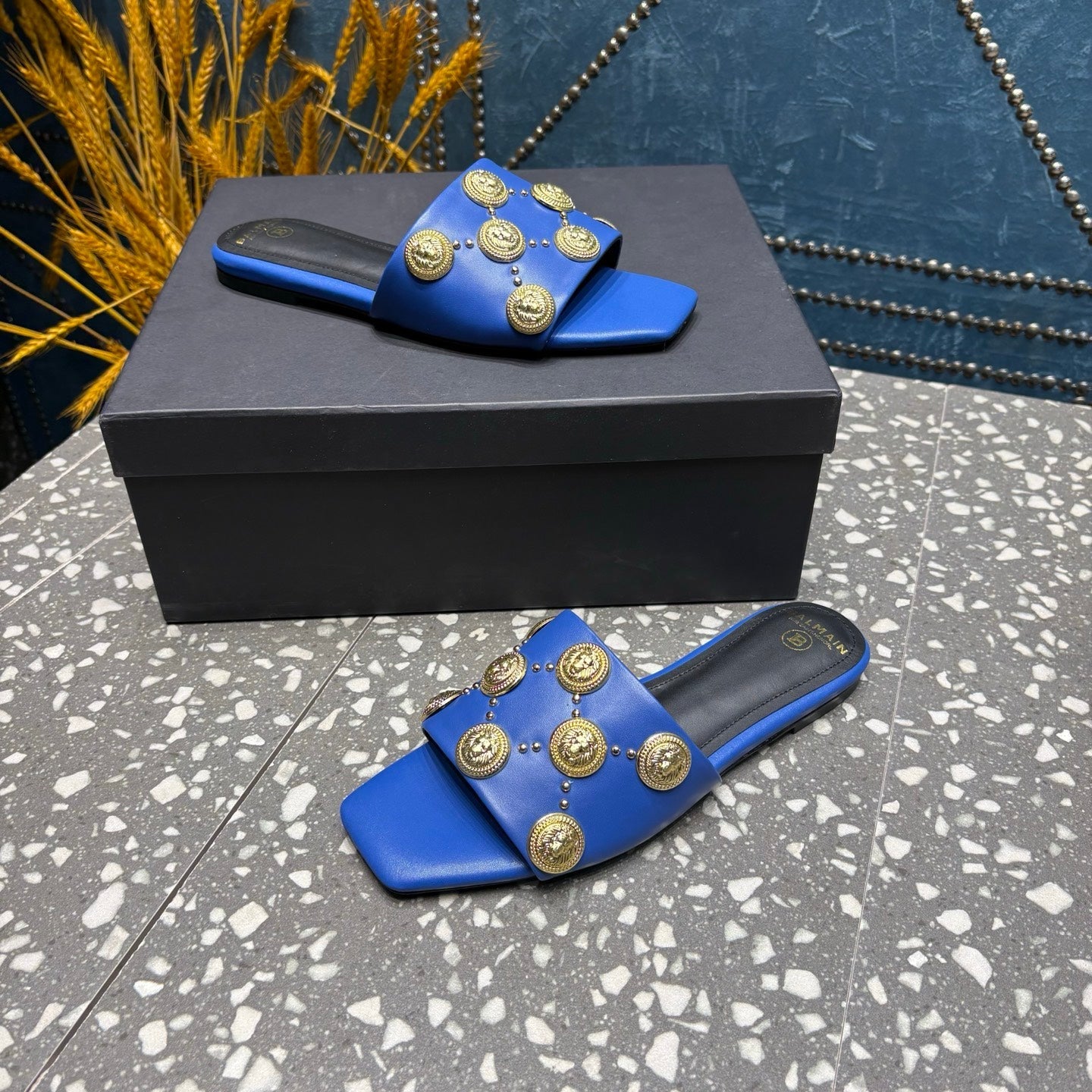 BALMAIN 26S SLIPPERS IN NAVY BLUE CALFSKIN WITH GOLD HARDWARE