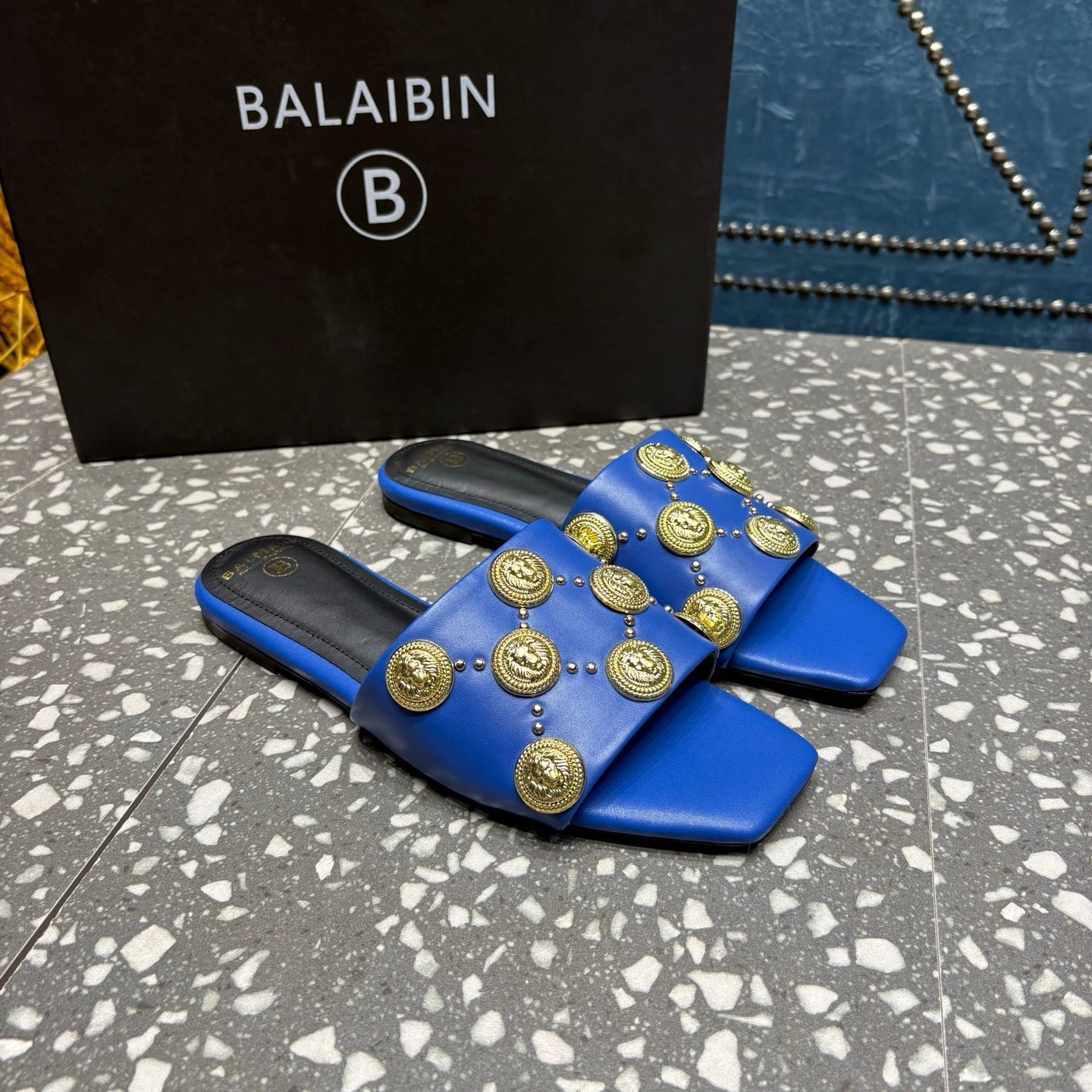 BALMAIN 26S SLIPPERS IN NAVY BLUE CALFSKIN WITH GOLD HARDWARE