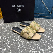 BALMAIN 26S SLIPPERS IN BEIGE CALFSKIN WITH GOLD HARDWARE