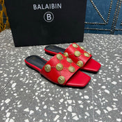 BALMAIN 26S SLIPPERS IN RED CALFSKIN WITH GOLD HARDWARE