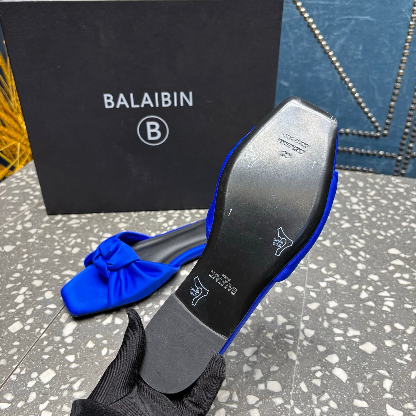 BALMAIN 26S SLIDES IN NAVY BLUE SATIN