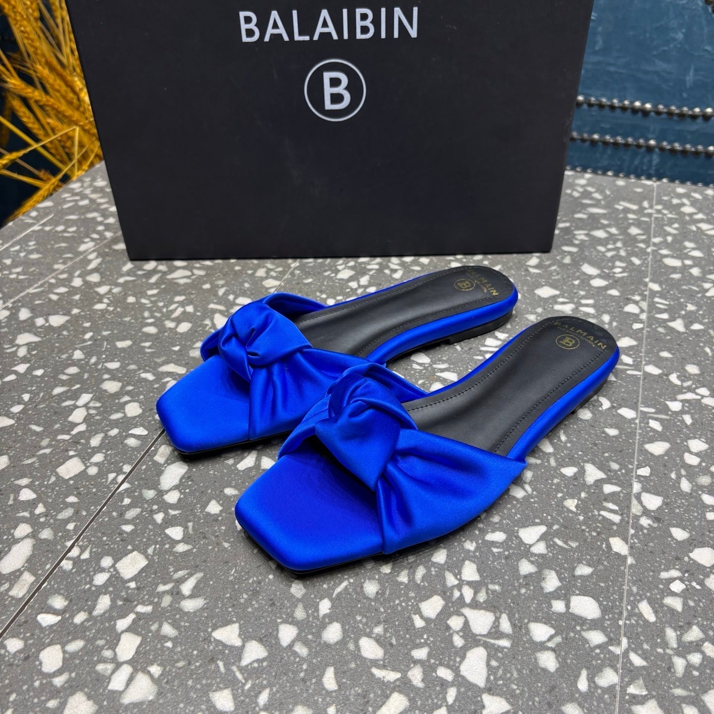 BALMAIN 26S SLIDES IN NAVY BLUE SATIN