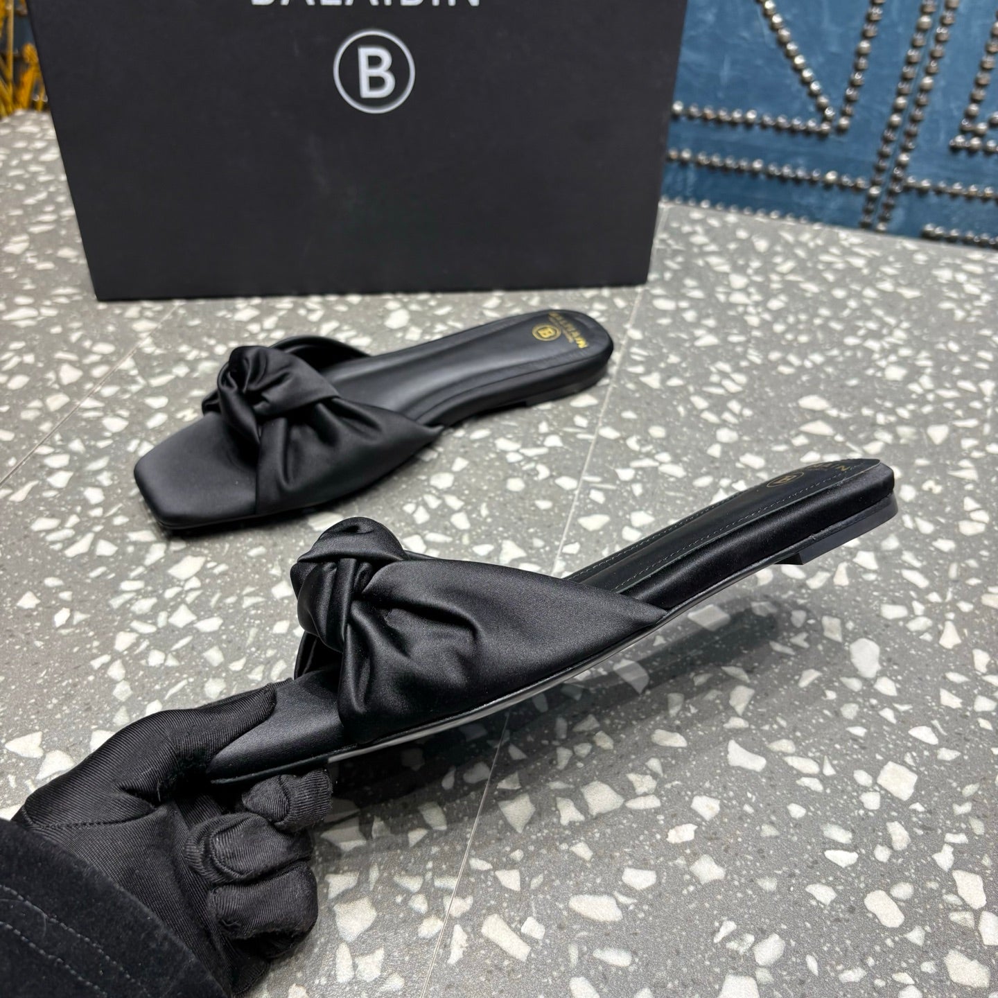 BALMAIN 26S SLIDES IN BLACK SATIN
