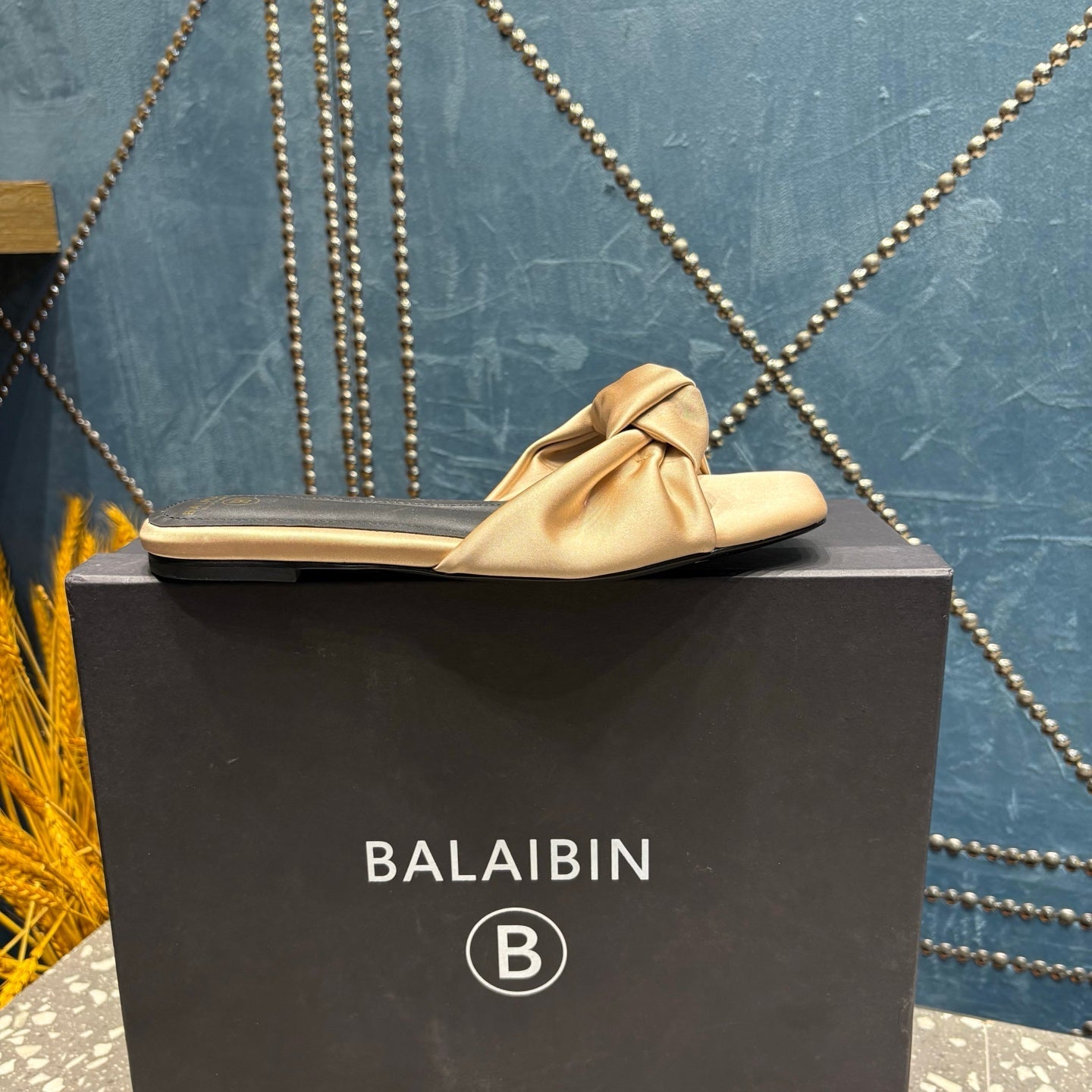 BALMAIN 26S SLIDES IN LIGHT WARM BEIGE SATIN