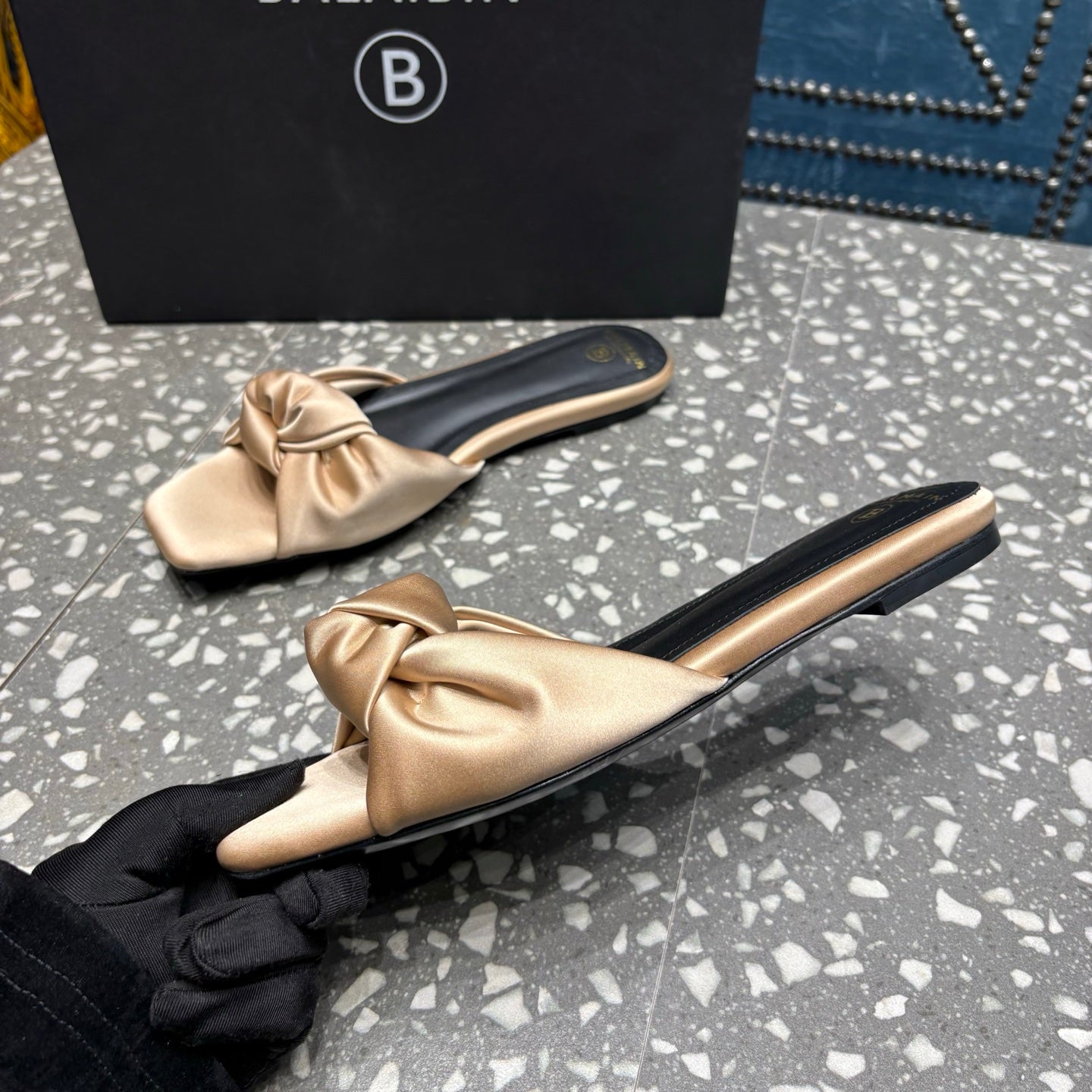 BALMAIN 26S SLIDES IN LIGHT WARM BEIGE SATIN