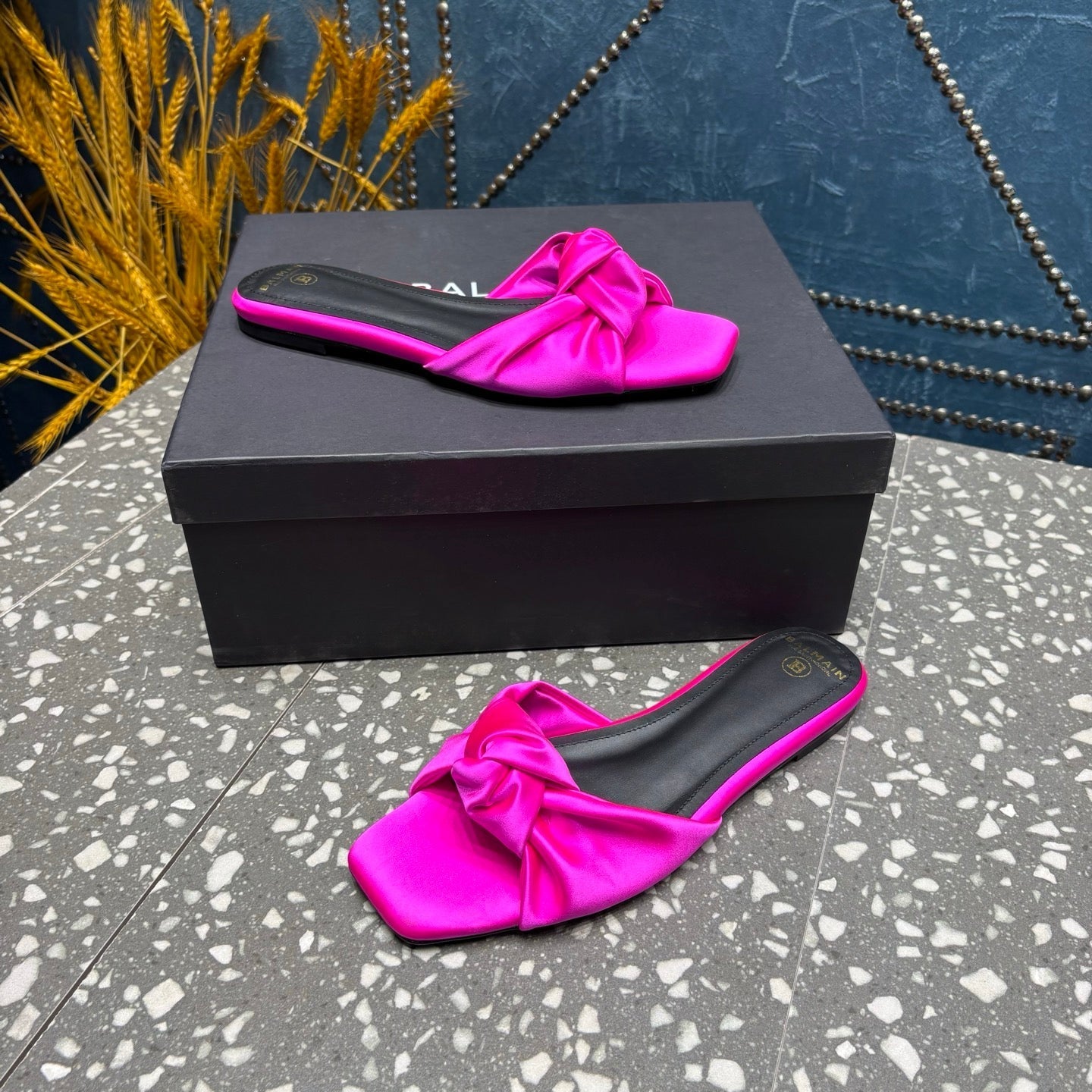 BALMAIN 26S SLIDES IN DARK PINK SATIN